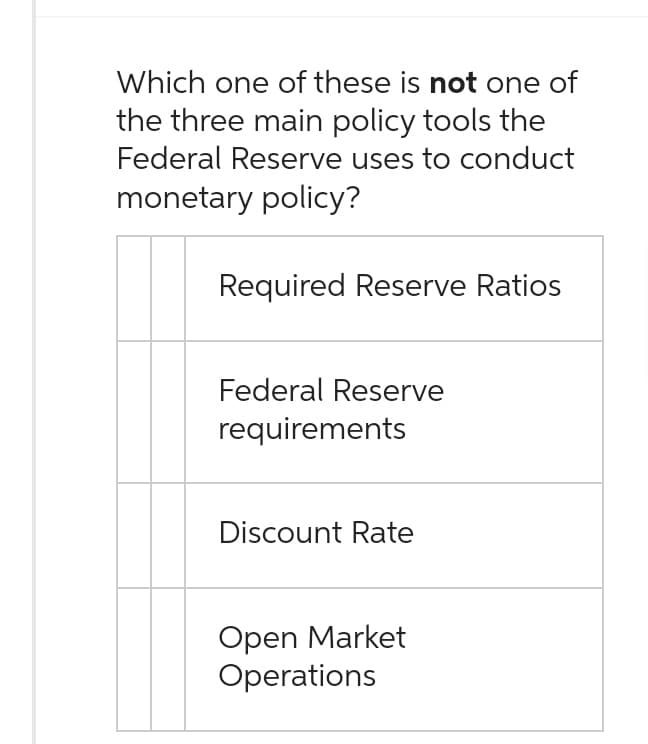 Which one of these is not one of
the three main policy tools the
Federal Reserve uses to conduct
monetary policy?
Required Reserve Ratios
Federal Reserve
requirements
Discount Rate
Open Market
Operations