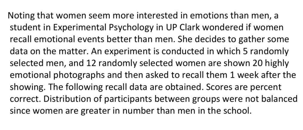 Noting that women seem more interested in emotions than men, a
student in Experimental Psychology in UP Clark wondered if women
recall emotional events better than men. She decides to gather some
data on the matter. An experiment is conducted in which 5 randomly
selected men, and 12 randomly selected women are shown 20 highly
emotional photographs and then asked to recall them 1 week after the
showing. The following recall data are obtained. Scores are percent
correct. Distribution of participants between groups were not balanced
since women are greater in number than men in the school.
