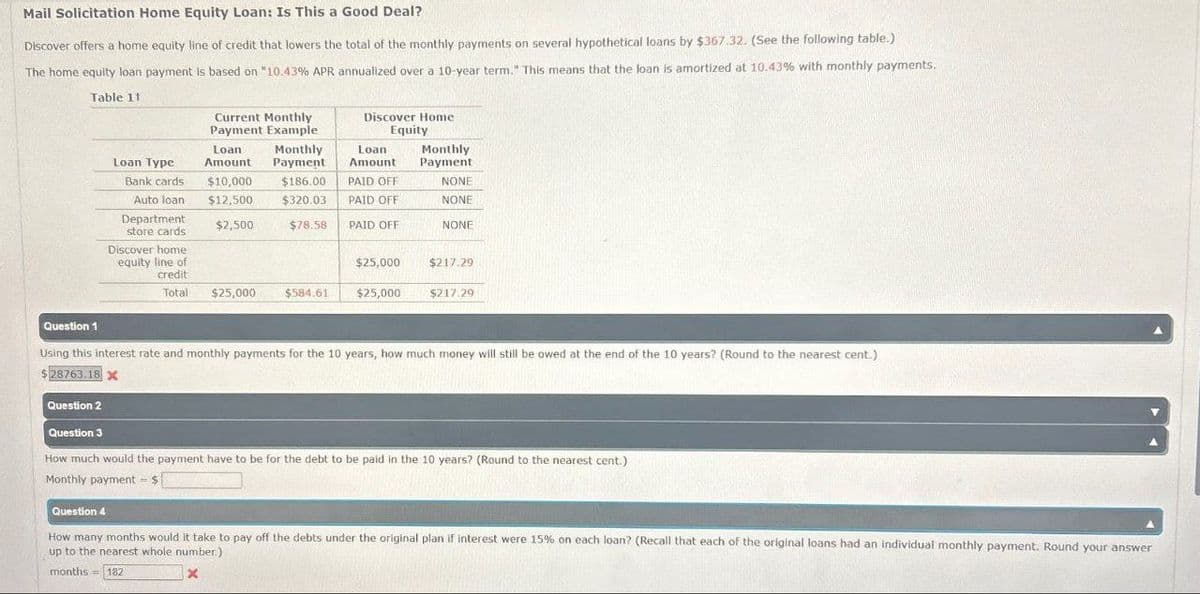 Mail Solicitation Home Equity Loan: Is This a Good Deal?
Discover offers a home equity line of credit that lowers the total of the monthly payments on several hypothetical loans by $367.32. (See the following table.)
The home equity loan payment is based on "10.43% APR annualized over a 10-year term." This means that the loan is amortized at 10.43% with monthly payments.
Table 11
Current Monthly
Payment Example
Discover Home
Equity
Question 1
Loan Type
Loan
Amount
Monthly
Payment
Loan
Amount
Monthly
Payment
Bank cards
$10,000
$186.00
PAID OFF
NONE
Auto loan
$12,500
Department
store cards
$2,500
$320.03
$78.58
PAID OFF
NONE
PAID OFF
NONE
Discover home
equity line of
credit
$25,000
$217.29
Total
$25,000
$584.61
$25,000
$217.29
Using this interest rate and monthly payments for the 10 years, how much money will still be owed at the end of the 10 years? (Round to the nearest cent.)
$28763.18 X
Question 2
Question 3
How much would the payment have to be for the debt to be paid in the 10 years? (Round to the nearest cent.)
Monthly payment = $
Question 4
How many months would it take to pay off the debts under the original plan if interest were 15% on each loan? (Recall that each of the original loans had an individual monthly payment. Round your answer
up to the nearest whole number.)
months 182