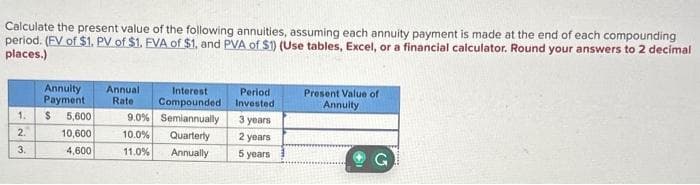 Calculate the present value of the following annuities, assuming each annuity payment is made at the end of each compounding
period. (FV of $1. PV of $1. FVA of $1, and PVA of $1) (Use tables, Excel, or a financial calculator. Round your answers to 2 decimal
places.)
1.
2.
3.
Annuity
Payment
$ 5,600
10,600
4,600
Annual
Rate
Interest
Compounded
Semiannually
9.0%
10.0% Quarterly
11.0%
Annually
Period
Invested
3 years
2 years
5 years
Present Value of
Annuity