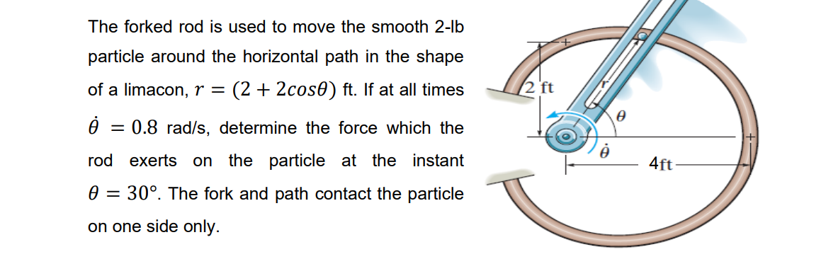 The forked rod is used to move the smooth 2-lb
particle around the horizontal path in the shape
of a limacon, r = (2 + 2cos0) ft. If at all times
ė = 0.8 rad/s, determine the force which the
rod exerts on the particle at the instant
Ꮎ = 30°. The fork and path contact the particle
on one side only.
2 ft
0
4ft