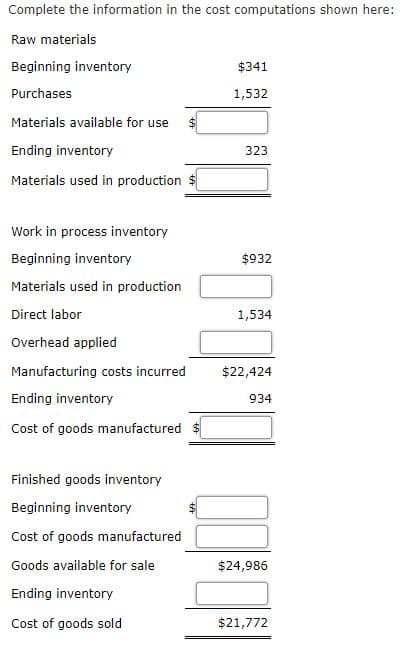 Complete the information in the cost computations shown here:
Raw materials
Beginning inventory
$341
Purchases
1,532
Materials available for use
Ending inventory
323
Materials used in production
Work in process inventory
Beginning inventory
$932
Materials used in production
Direct labor
1,534
Overhead applied
Manufacturing costs incurred
$22,424
Ending inventory
934
Cost of goods manufactured
Finished goods inventory
Beginning inventory
Cost of goods manufactured
Goods available for sale
$24,986
Ending inventory
Cost of goods sold
$21,772
