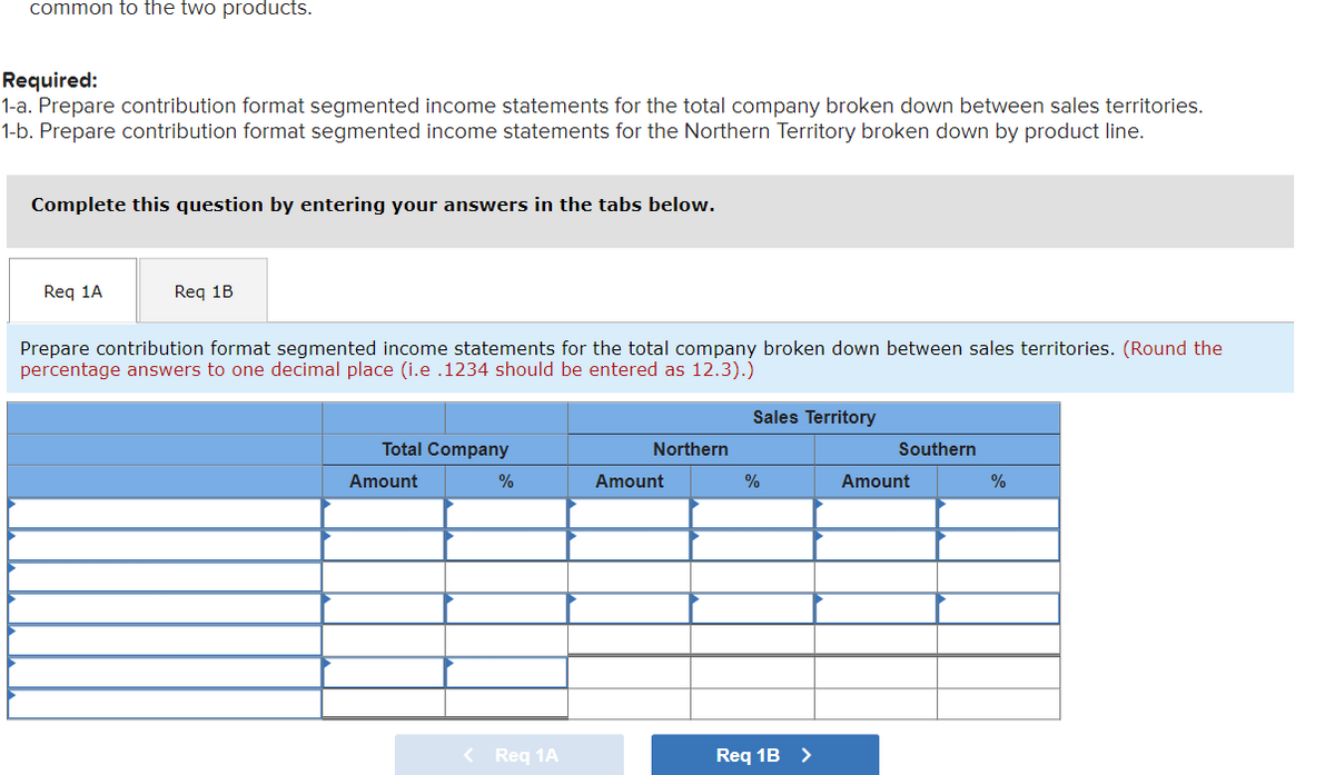 common to the two products.
Required:
1-a. Prepare contribution format segmented income statements for the total company broken down between sales territories.
1-b. Prepare contribution format segmented income statements for the Northern Territory broken down by product line.
Complete this question by entering your answers in the tabs below.
Req 1A
Req 1B
Prepare contribution format segmented income statements for the total company broken down between sales territories. (Round the
percentage answers to one decimal place (i.e .1234 should be entered as 12.3).)
Total Company
Amount
%
< Req 1A
Northern
Amount
Sales Territory
%
Req 1B >
Southern
Amount
%