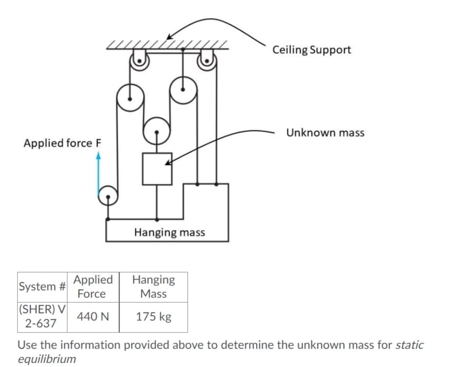 Ceiling Support
Unknown mass
Applied force F
Hanging mass
System #
Applied
Force
Hanging
Mass
(SHER) V
440 N
175 kg
2-637
Use the information provided above to determine the unknown mass for static
equilibrium
