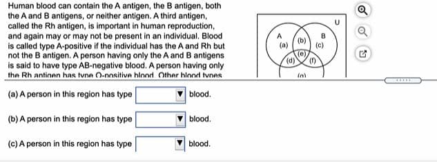 Human blood can contain the A antigen, the B antigen, both
the A and B antigens, or neither antigen. A third antigen,
called the Rh antigen, is important in human reproduction,
and again may or may not be present in an individual. Blood
is called type A-positive if the individual has the A and Rh but
not the B antigen. A person having only the A and B antigens
is said to have type AB-negative blood. A person having only
the Rh antinen has tvne O-nositive hlood Other blod tvnes
(a)
(e)
(d)
in)
(a) A person in this region has type
blood.
(b) A person in this region has type
blood.
(c) A person in this region has type
blood.

