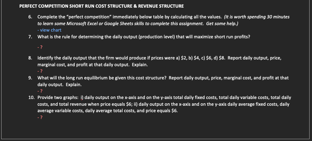 PERFECT COMPETITION SHORT RUN COST STRUCTURE & REVENUE STRUCTURE
6. Complete the "perfect competition" immediately below table by calculating all the values. (It is worth spending 30 minutes
to learn some Microsoft Excel or Google Sheets skills to complete this assignment. Get some help.)
- view chart
7. What is the rule for determining the daily output (production level) that will maximize short run profits?
-?
8. Identify the daily output that the firm would produce if prices were a) $2, b) $4, c) $6, d) $8. Report daily output, price,
marginal cost, and profit at that daily output. Explain.
-?
9. What will the long run equilibrium be given this cost structure? Report daily output, price, marginal cost, and profit at that
daily output. Explain.
-?
10. Provide two graphs: i) daily output on the x-axis and on the y-axis total daily fixed costs, total daily variable costs, total daily
costs, and total revenue when price equals $6; ii) daily output on the x-axis and on the y-axis daily average fixed costs, daily
average variable costs, daily average total costs, and price equals $6.
-?