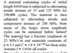 A material containing cracks of initial
length 0.010 mm is subjected to alternating
tensile stresses of 25 and 125 MPa for
350,000 cycles The material is then
subjected to alternating tensile and
compressive stresses of 250 MPa. How
many of the larger stress amplitude
cycles can be sustained before failure?
The material has a fracture toughness of
25 MPaVm and materials constants of
n-3.1 and C-1.8 × 10-1º for these units.
Assume f- 1.0 for all cracks
