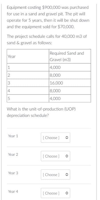 Equipment costing $900,000 was purchased
for use in a sand and gravel pit. The pit will
operate for 5 years, then it will be shut down
and the equipment sold for $70,000.
The project schedule calls for 40,000 m3 of
sand & gravel as follows:
Year
1
2
3
4
5
What is the unit-of-production (UOP)
depreciation schedule?
Year 1
Year 2
Year 3
Required Sand and
Gravel (m3)
4,000
8,000
16,000
8,000
4,000
Year 4
[Choose ]
[Choose ]
[Choose ]
[Choose ]
()
()