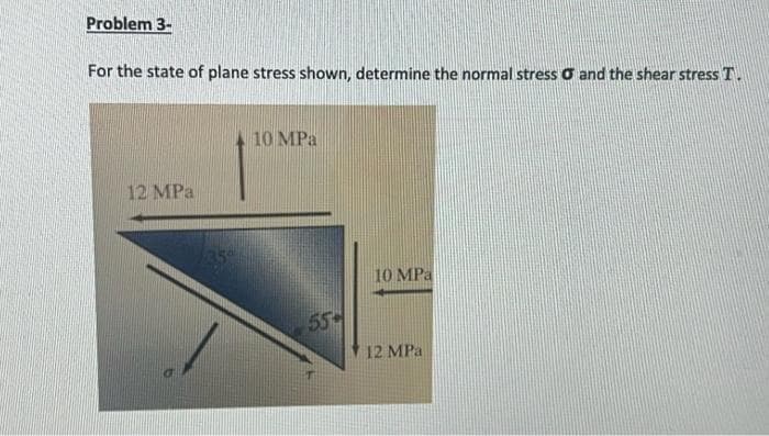 Problem 3-
For the state of plane stress shown, determine the normal stress and the shear stress T.
12 MPa
350
10 MPa
55
10 MPa
12 MPa