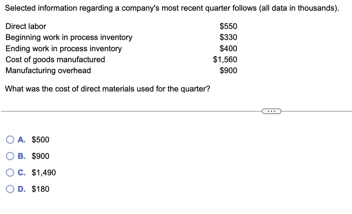 Selected information regarding a company's most recent quarter follows (all data in thousands).
Direct labor
Beginning work in process inventory
Ending work in process inventory
Cost of goods manufactured
Manufacturing overhead
What was the cost of direct materials used for the quarter?
A. $500
B. $900
C. $1,490
D. $180
$550
$330
$400
$1,560
$900