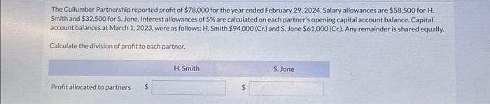 The Cullumber Partnership reported profit of $78,000 for the year ended February 29, 2024. Salary allowances are $58,500 for H.
Smith and $32,500 for S. Jone. Interest allowances of 5% are calculated on each partner's opening capital account balance. Capital
account balances at March 1, 2023, were as follows: H. Smith $94,000 (Cr.) and S. Jone $61,000 (Cr.). Any remainder is shared equally.
Calculate the division of profit to each partner.
Profit allocated to partners
$
H. Smith
S. Jonel