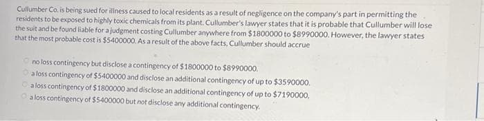Cullumber Co. is being sued for illness caused to local residents as a result of negligence on the company's part in permitting the
residents to be exposed to highly toxic chemicals from its plant. Cullumber's lawyer states that it is probable that Cullumber will lose
the suit and be found liable for a judgment costing Cullumber anywhere from $1800000 to $8990000. However, the lawyer states
that the most probable cost is $5400000. As a result of the above facts, Cullumber should accrue
no loss contingency but disclose a contingency of $1800000 to $8990000.
a loss contingency of $5400000 and disclose an additional contingency of up to $3590000.
a loss contingency of $1800000 and disclose an additional contingency of up to $7190000,
a loss contingency of $5400000 but not disclose any additional contingency.