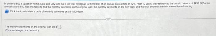 In order to buy a vacation home, Neal and Lilly took out a 30-year mortgage for $250,000 at an annual interest rate of 12%. After 10 years, they refinanced the unpaid balance of $233,322 at an
annual rate of 8%. Use the table to find the monthly payments on the original loan; the monthly payments on the new loan; and the total amount saved on interest by refinancing
Click the icon to view a table of monthly payments on a $1,000 loan.
The monthly payments on the original loan are 5
(Type an integer or a decimal)
GREED