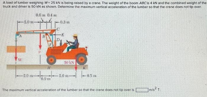 A load of lumber weighing W= 25 kN is being raised by a crane. The weight of the boom ABC is 4 KN and the combined weight of the
truck and driver is 50 kN as shown. Determine the maximum vertical acceleration of the lumber so that the crane does not tip over.
W
-20 m-
-2.0 m-
0.6 m 0.4 m
+14
0.3 m
-E
50 kN
H
tot -2.0m -0.5m
0.9 m
The maximum vertical acceleration of the lumber so that the crane does not tip over is
m/s² 1.