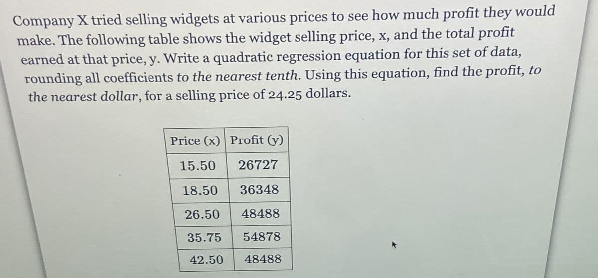 Company X tried selling widgets at various prices to see how much profit they would
make. The following table shows the widget selling price, x, and the total profit
earned at that price, y. Write a quadratic regression equation for this set of data,
rounding all coefficients to the nearest tenth. Using this equation, find the profit, to
the nearest dollar, for a selling price of 24.25 dollars.
Price (x) Profit (y)
15.50
26727
18.50
36348
26.50
48488
35.75
54878
42.50
48488
