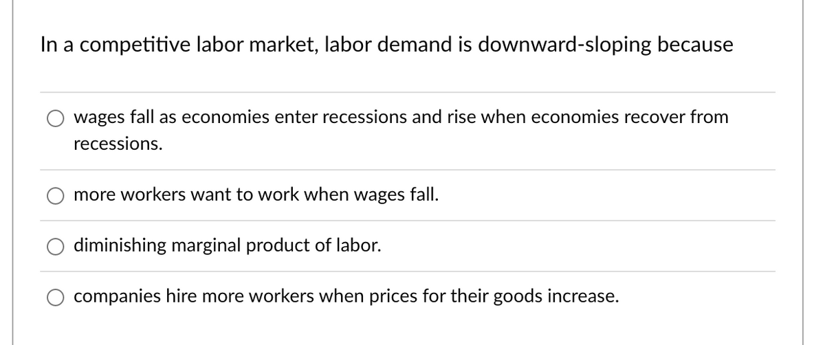 In a competitive labor market, labor demand is downward-sloping because
wages fall as economies enter recessions and rise when economies recover from
recessions.
more workers want to work when wages fall.
diminishing marginal product of labor.
companies hire more workers when prices for their goods increase.