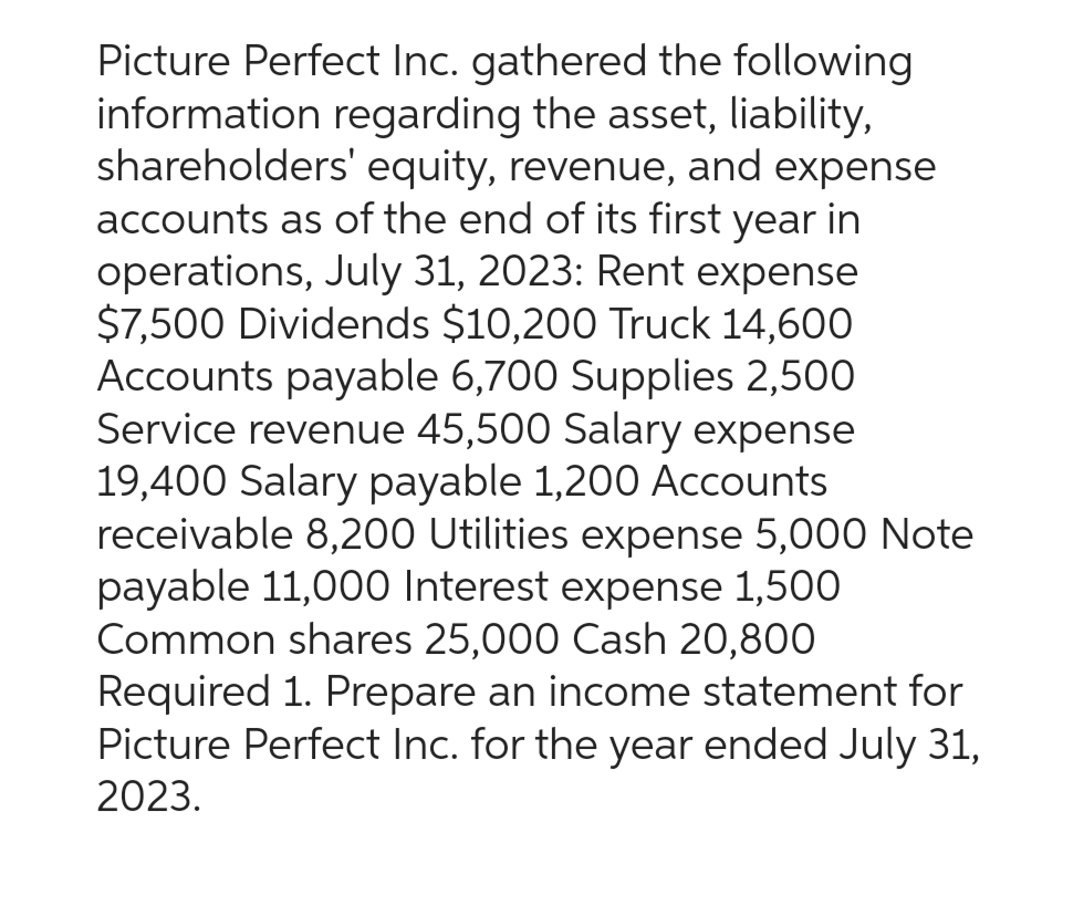 Picture Perfect Inc. gathered the following
information regarding the asset, liability,
shareholders' equity, revenue, and expense
accounts as of the end of its first year in
operations, July 31, 2023: Rent expense
$7,500 Dividends $10,200 Truck 14,600
Accounts payable 6,700 Supplies 2,500
Service revenue 45,500 Salary expense
19,400 Salary payable 1,200 Accounts
receivable 8,200 Utilities expense 5,000 Note
payable 11,000 Interest expense 1,500
Common shares 25,000 Cash 20,800
Required 1. Prepare an income statement for
Picture Perfect Inc. for the year ended July 31,
2023.