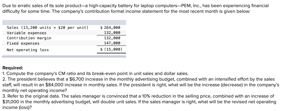 Due to erratic sales of its sole product-a high-capacity battery for laptop computers-PEM, Inc., has been experiencing financial
difficulty for some time. The company's contribution format income statement for the most recent month is given below:
Sales (13,200 units × $20 per unit)
Variable expenses
Contribution margin
Fixed expenses
Net operating loss
$ 264,000
132,000
132,000
147,000
$ (15,000)
Required:
1. Compute the company's CM ratio and its break-even point in unit sales and dollar sales.
2. The president believes that a $6,700 increase in the monthly advertising budget, combined with an intensified effort by the sales
staff, will result in an $84,000 increase in monthly sales. If the president is right, what will be the increase (decrease) in the company's
monthly net operating income?
3. Refer to the original data. The sales manager is convinced that a 10% reduction in the selling price, combined with an increase of
$31,000 in the monthly advertising budget, will double unit sales. If the sales manager is right, what will be the revised net operating
income (loss)?