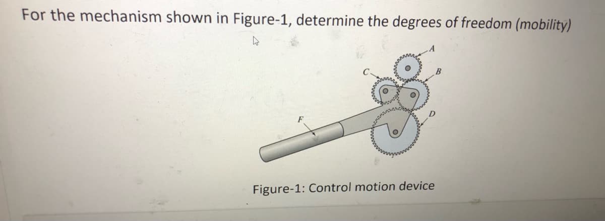 For the mechanism shown in Figure-1, determine the degrees of freedom (mobility)
Figure-1: Control motion device
