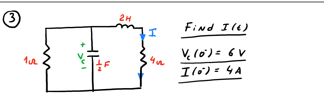 3
102
10<
HF
14~
2H
I
452
Find I(t)
V₁ (0) = 6V
I (0²) = 4A