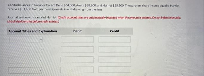 Capital balances in Grouper Co, are Dene S64,000, Aneta $38,200, and Harriet $25,500. The partners share income equally. Harriet
receives $31,400 from partnership assets in withdrawing from the firm.
Journalize the withdrawal of Harriet. (Credit account titles are automaticàlly indented when the omount is entered. Do not indent manually.
List all debit entries before credit entries.)
Account Titles and Explanation
Debit
Credit

