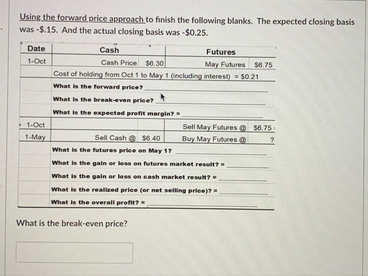 Using the forward price approach to finish the following blanks. The expected closing basis
was -$.15. And the actual closing basis was -$0.25.
Date
1-Oct
Cash
Cash Price
$6.30
Futures
May Futures
$6.75
Cost of holding from Oct 1 to May 1 (including interest) = $0.21
What is the forward price?
What is the break-even price?
What is the expected profit margin? =
1-Oct
1-May
Sell Cash @ $6.40
Sell May Futures @ $6.75
Buy May Futures @
?
What is the futures price on May 1?
What is the gain or loss on futures market result? =
What is the gain or loss on cash market result? =
What is the realized price (or net selling price)? =
What is the overall profit? =
What is the break-even price?