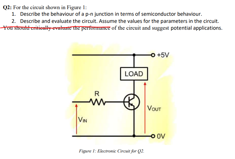 Q2: For the circuit shown in Figure 1:
1. Describe the behaviour of a p-n junction in terms of semiconductor behaviour.
2. Describe and evaluate the circuit. Assume the values for the parameters in the circuit.
You shoultt critieally evaluate The performance of the circuit and suggest potential applications.
O +5V
LOAD
R
VOUT
VIN
ㅇ OV
Figure 1: Electronic Circuit for Q2.

