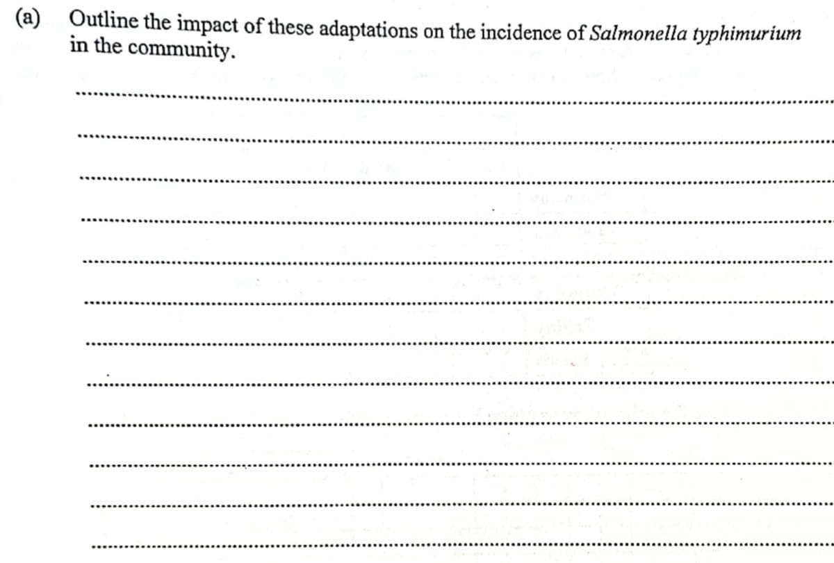 (a)
Outline the impact of these adaptations on the incidence of Salmonella typhimurium
in the community.