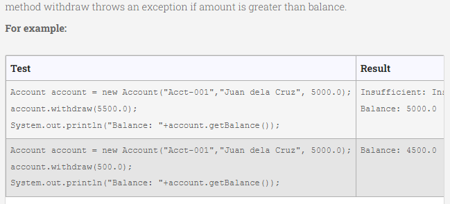 method withdraw throws an exception if amount is greater than balance.
For example:
Test
Result
Account account = new Account ("Acct-001", "Juan dela Cruz", 5000.0); Insufficient: In:
account.withdraw (5500.0);
Balance: 5000.0
System.out.println ("Balance: "+account.getBalance () );
Account account = new Account ("Acct-001", "Juan dela Cruz", 5000.0); Balance: 4500.0
account.withdraw (500.0) ;
System.out.println ("Balance: "+account.getBalance () );
