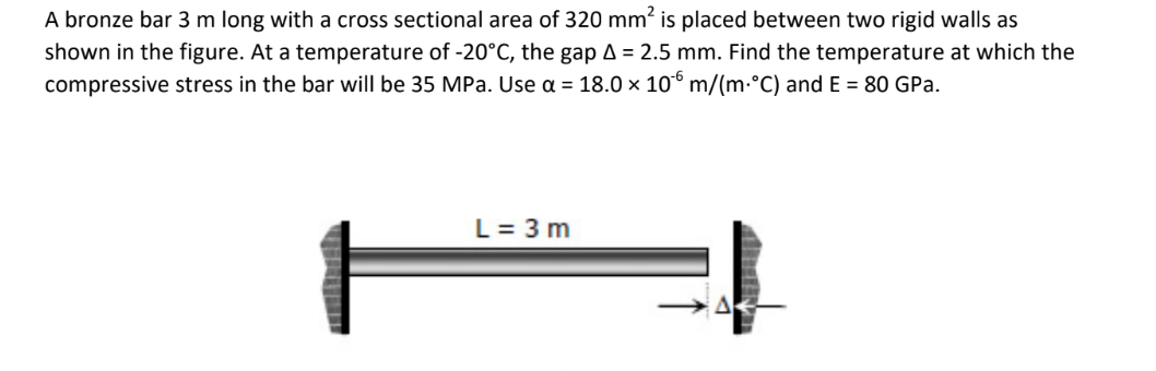 A bronze bar 3 m long with a cross sectional area of 320 mm² is placed between two rigid walls as
shown in the figure. At a temperature of -20°C, the gap A = 2.5 mm. Find the temperature at which the
compressive stress in the bar will be 35 MPa. Use a = 18.0 × 106 m/(m·°C) and E = 80 GPa.
L = 3 m