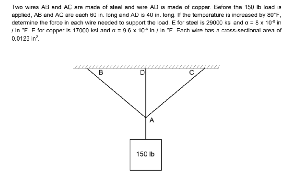 Two wires AB and AC are made of steel and wire AD is made of copper. Before the 150 Ib load is
applied, AB and AC are each 60 in. long and AD is 40 in. long. If the temperature is increased by 80°F,
determine the force in each wire needed to support the load. E for steel is 29000 ksi and a = 8 x 106 in
/ in °F. E for copper is 17000 ksi and a = 9.6 x 105 in / in °F. Each wire has a cross-sectional area of
0.0123 in?.
В
A
150 lb
