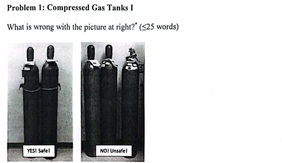 Problem 1: Compressed Gas Tanks I
What is wrong with the picture at right?" (<25 words)
YES! Safel
NOI Unsafe!