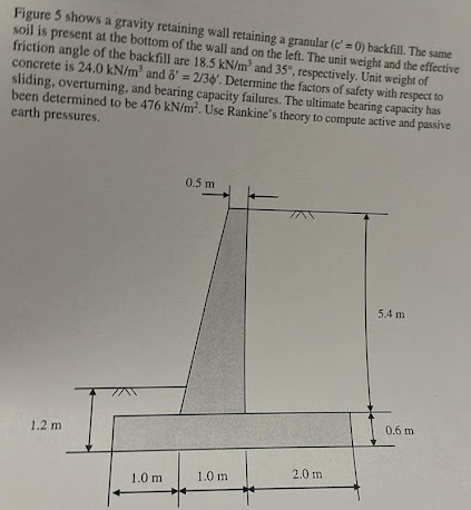 Figure 5 shows a gravity retaining wall retaining a granular (c'=0) backfill. The same
soil is present at the bottom of the wall and on the left. The unit weight and the effective
friction angle of the backfill are 18.5 kN/m2 and 35°, respectively. Unit weight of
concrete is 24.0 kN/m³ and 8' = 2/36'. Determine the factors of safety with respect to
sliding, overturning, and bearing capacity failures. The ultimate bearing capacity has
been determined to be 476 kN/m². Use Rankine's theory to compute active and passive
earth
pressures.
1.2 m
0.5 m
1.0 m
1.0 m
2.0 m
5.4 m
0.6 m