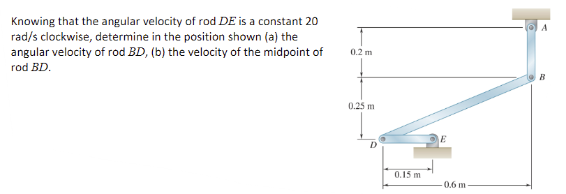 Knowing that the angular velocity of rod DE is a constant 20
rad/s clockwise, determine in the position shown (a) the
angular velocity of rod BD, (b) the velocity of the midpoint of
rod BD.
0.2 m
0.25 m
D
0.15 m
E
-0.6 m
A
B