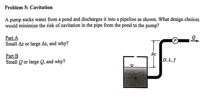 Problem 5: Cavitation
A pump sucks water from a pond and discharges it into a pipeline as shown. What design choices
would minimize the risk of cavitation in the pipe from the pond to the pump?
Part A
Small Az or large Az, and why?
Part B
Small Q or large Q, and why?
7
Az
P
D.L.f