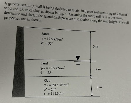 A gravity retaining wall is being designed to retain 10.0 m of soil consisting of 7.0 m of
sand and 3.0 m of clay as shown in Fig. 4. Assuming the entire soil is in active state,
determine and sketch the lateral earth pressure distribution along the wall height. The soil
properties are as shown.
Sand
Y = 17.5 kN/m³
0' = 35°
Sand
Ysat 19.5 kN/m³
=
o' = 35°
Clay
5 m
2 m
Ysat
20.5 kN/m²
3 m
0' = 24°
c' = 11 kN/m²