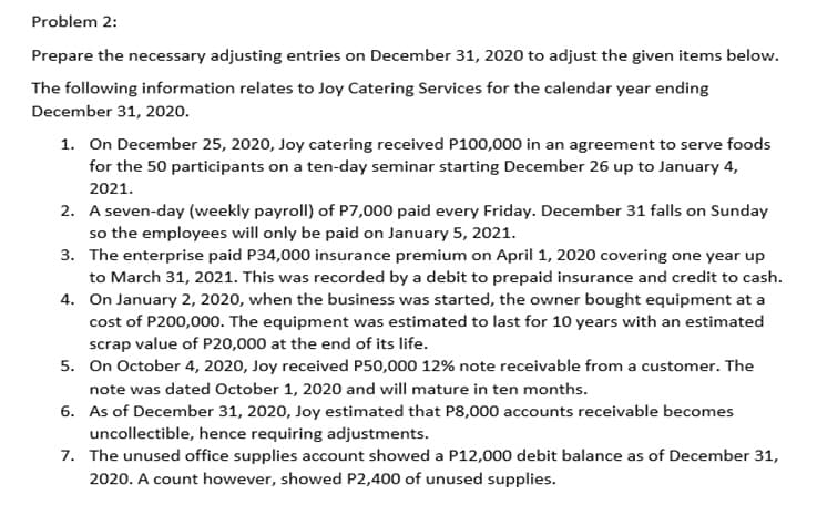 Problem 2:
Prepare the necessary adjusting entries on December 31, 2020 to adjust the given items below.
The following information relates to Joy Catering Services for the calendar year ending
December 31, 2020.
1. On December 25, 2020, Joy catering received P100,000 in an agreement to serve foods
for the 50 participants on a ten-day seminar starting December 26 up to January 4,
2021.
2. A seven-day (weekly payroll) of P7,000 paid every Friday. December 31 falls on Sunday
so the employees will only be paid on January 5, 2021.
3. The enterprise paid P34,000 insurance premium on April 1, 2020 covering one year up
to March 31, 2021. This was recorded by a debit to prepaid insurance and credit to cash.
4. On January 2, 2020, when the business was started, the owner bought equipment at a
cost of P200,000. The equipment was estimated to last for 10 years with an estimated
scrap value of P20,000 at the end of its life.
5. On October 4, 2020, Joy received P50,000 12% note receivable from a customer. The
note was dated October 1, 2020 and will mature in ten months.
6. As of December 31, 2020, Joy estimated that P8,000 accounts receivable becomes
uncollectible, hence requiring adjustments.
7. The unused office supplies account showed a P12,000 debit balance as of December 31,
2020. A count however, showed P2,400 of unused supplies.
