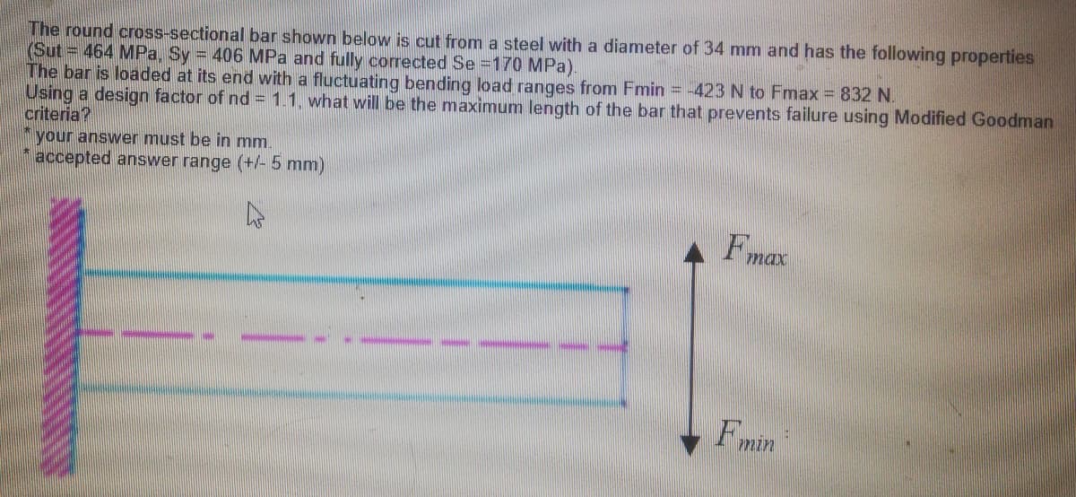 The round cross-sectional bar shown below is cut from a steel with a diameter of 34 mm and has the following properties
(Sut = 464 MPa, Sy = 406 MPa and fully corrected Se =170 MPa).
The bar is loaded at its end with a fluctuating bending load ranges from Fmin = -423 N to Fmax = 832 N.
Using a design factor of nd = 1.1, what will be the maximum length of the bar that prevents failure using Modified Goodman
criteria?
your answer must be in mm.
accepted answer range (+/- 5 mm)
A Fmax
Fmin
uzu
