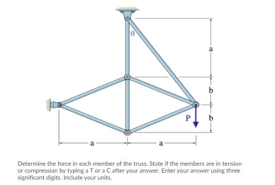 b
P
Determine the force in each member of the truss. State if the members are in tension
or compression by typing a Tor a C after your answer. Enter your answer using three
significant digits. Include your units.
