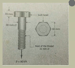 ↓
30 mm
38 mm Ø
P=90 KN
HO
bolt head
60 mm
Root of the thread
32 mm Ø