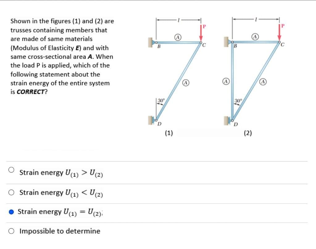 Shown in the figures (1) and (2) are
trusses containing members that
are made of same materials
(Modulus of Elasticity E) and with
same cross-sectional area A. When
the load P is applied, which of the
following statement about the
strain energy of the entire system
is CORRECT?
Strain energy U(1) > U(2)
O Strain energy U(1) < U(2)
● Strain energy U(1) = U(2)
Impossible to determine
B
30
D
(1)
(A
B
30°
D
(2)
C