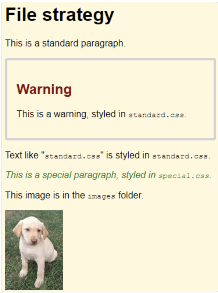 File strategy
This is a standard paragraph.
Warning
This is a warning, styled in standard.css.
Text like "standard.css" is styled in standard.css.
This is a special paragraph, styled in special.css.
This image is in the images folder.
