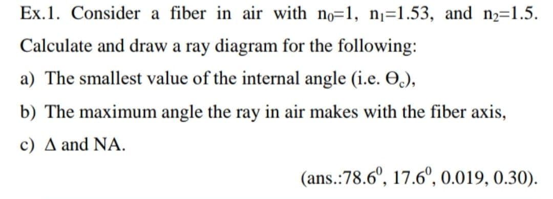 Ex.1. Consider a fiber in air with no=1, n¡=1.53, and n2=1.5.
Calculate and draw a ray diagram for the following:
a) The smallest value of the internal angle (i.e. O),
b) The maximum angle the ray in air makes with the fiber axis,
c) A and NA.
(ans.:78.6°, 17.6°, 0.019, 0.30).
