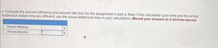 e. Compute the percent efficiency and percent idle time for the assignment in part d. Note: if the calculated cycle time and the actual
bottleneck station time are different, use the actual bottleneck time in your calculations. (Round your answers to 2 decimal places)
Percent efficiency
Percent idle time