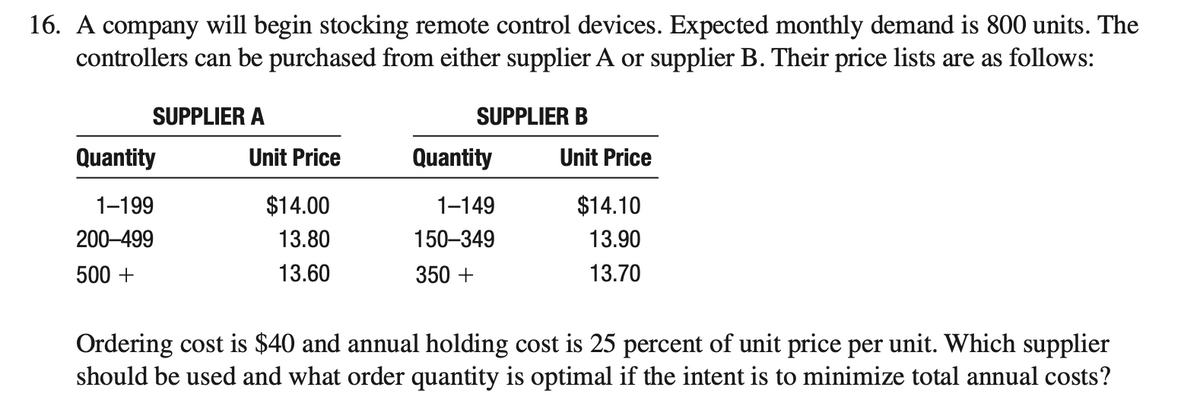 16. A company will begin stocking remote control devices. Expected monthly demand is 800 units. The
controllers can be purchased from either supplier A or supplier B. Their price lists are as follows:
SUPPLIER A
Quantity
1-199
200-499
500 +
Unit Price
$14.00
13.80
13.60
SUPPLIER B
Quantity
1-149
150-349
350 +
Unit Price
$14.10
13.90
13.70
Ordering cost is $40 and annual holding cost is 25 percent of unit price per unit. Which supplier
should be used and what order quantity is optimal if the intent is to minimize total annual costs?
