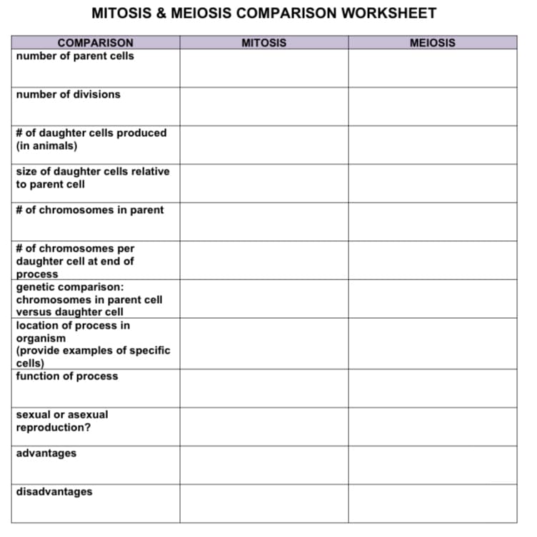 MITOSIS & MEIOSIS COMPARISON WORKSHEET
MITOSIS
MEIOSIS
COMPARISON
number of parent cells
number of divisions
# of daughter cells produced
(in animals)
size of daughter cells relative
to parent cell
# of chromosomes in parent
# of chromosomes per
daughter cell at end of
process
genetic comparison:
chromosomes in parent cell
versus daughter cell
location of process in
organism
(provide examples of specific
cells)
function of process
sexual or asexual
reproduction?
advantages
disadvantages