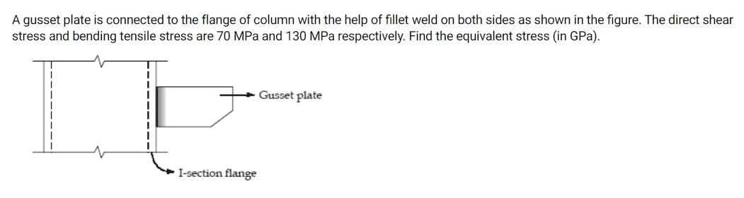 A gusset plate is connected to the flange of column with the help of fillet weld on both sides as shown in the figure. The direct shear
stress and bending tensile stress are 70 MPa and 130 MPa respectively. Find the equivalent stress (in GPa).
Gusset plate
I-section flange
