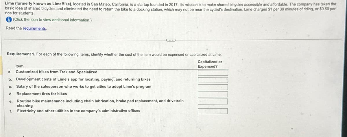 Lime (formerly known as LimeBike), located in San Mateo, Califomia, is a startup founded in 2017. Its mission is to make shared bicycles accessible and affordable. The company has taken the
basic idea of shared bicycles and eliminated the need to return the bike to a docking station, which may not be near the cyclist's destination. Lime charges $1 per 30 minutes of riding, or $0.50 per
ride for students.
(Click the icon to view additional information.)
Read the requirements.
Requirement 1. For each of the following items, identify whether the cost of the item would be expensed or capitalized at Lime:
Item
a.
Customized bikes from Trek and Specialized
b. Development costs of Lime's app for locating, paying, and returning bikes
c. Salary of the salesperson who works to get cities to adopt Lime's program
d. Replacement tires for bikes
e.
Routine bike maintenance including chain lubrication, brake pad replacement, and drivetrain
cleaning
f.
Electricity and other utilities in the company's administrative offices
Capitalized or
Expensed?