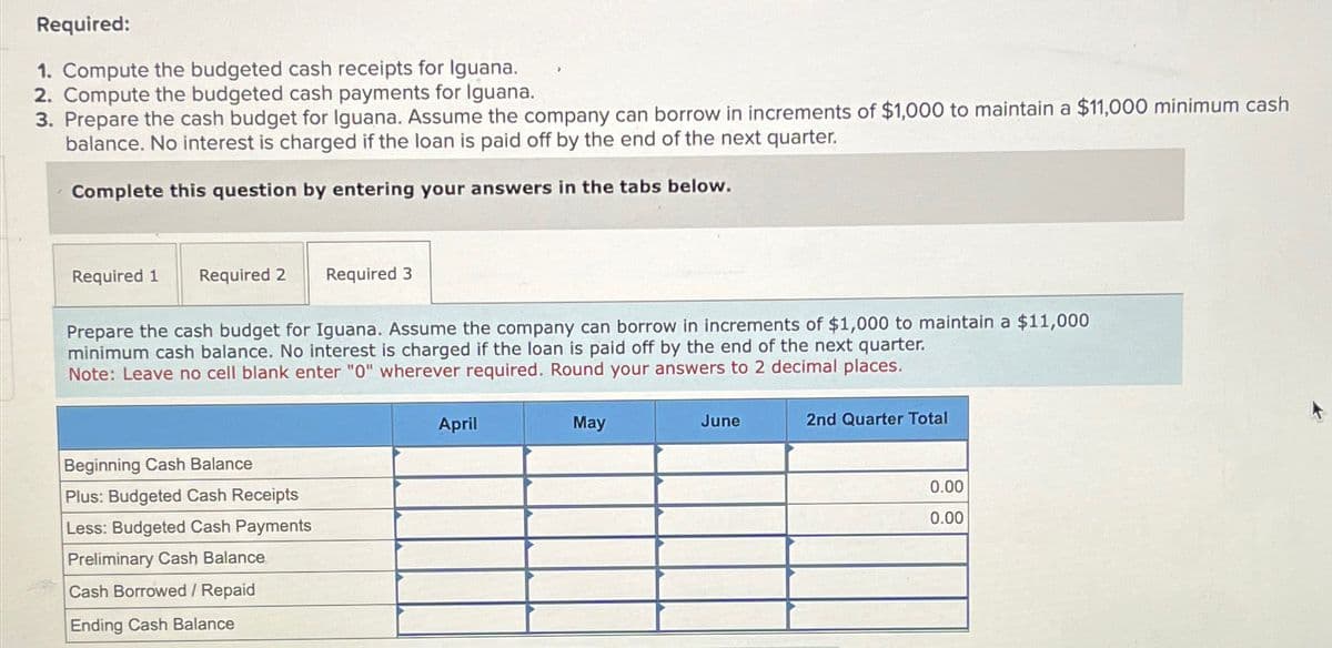 Required:
1. Compute the budgeted cash receipts for Iguana.
2. Compute the budgeted cash payments for Iguana.
3. Prepare the cash budget for Iguana. Assume the company can borrow in increments of $1,000 to maintain a $11,000 minimum cash
balance. No interest is charged if the loan is paid off by the end of the next quarter.
Complete this question by entering your answers in the tabs below.
Required 1
Required 2
Required 3
Prepare the cash budget for Iguana. Assume the company can borrow in increments of $1,000 to maintain a $11,000
minimum cash balance. No interest is charged if the loan is paid off by the end of the next quarter.
Note: Leave no cell blank enter "0" wherever required. Round your answers to 2 decimal places.
Beginning Cash Balance
Plus: Budgeted Cash Receipts
Less: Budgeted Cash Payments
Preliminary Cash Balance.
Cash Borrowed / Repaid
Ending Cash Balance
April
May
June
2nd Quarter Total
0.00
0.00