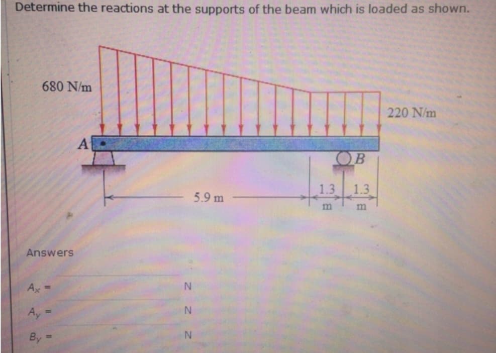 Determine the reactions at the supports of the beam which is loaded as shown.
680 N/m
Answers
Ax =
Ay
5.9 m
N
N
N
m
OB
1.3
m
220 N/m